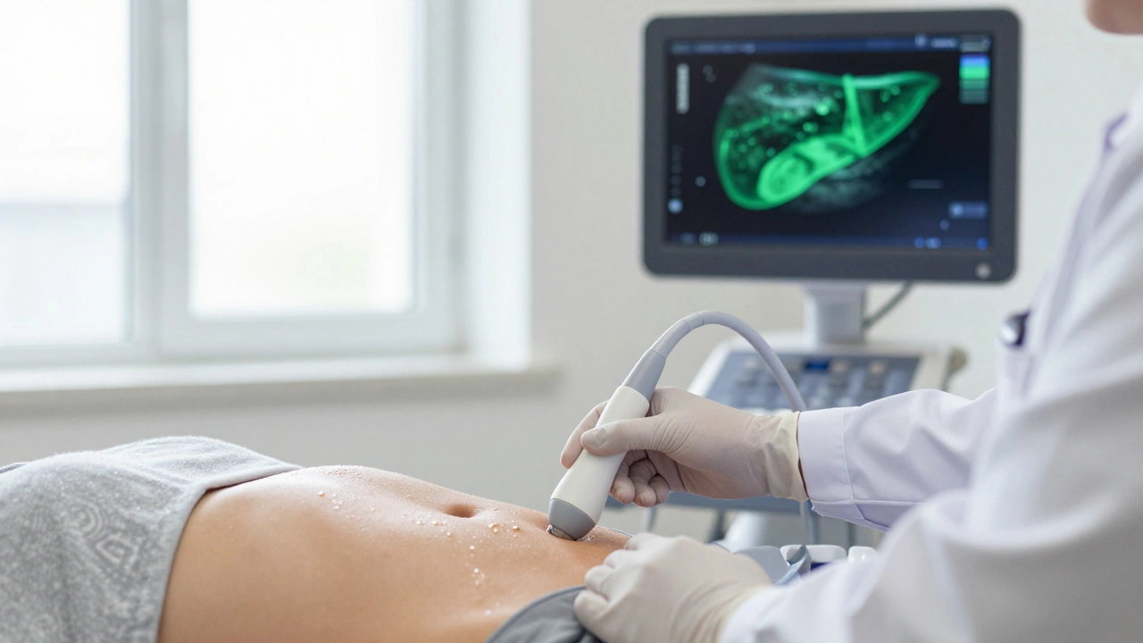 Врач проводит УЗИ печени, на мониторе — увеличенный жировой орган
