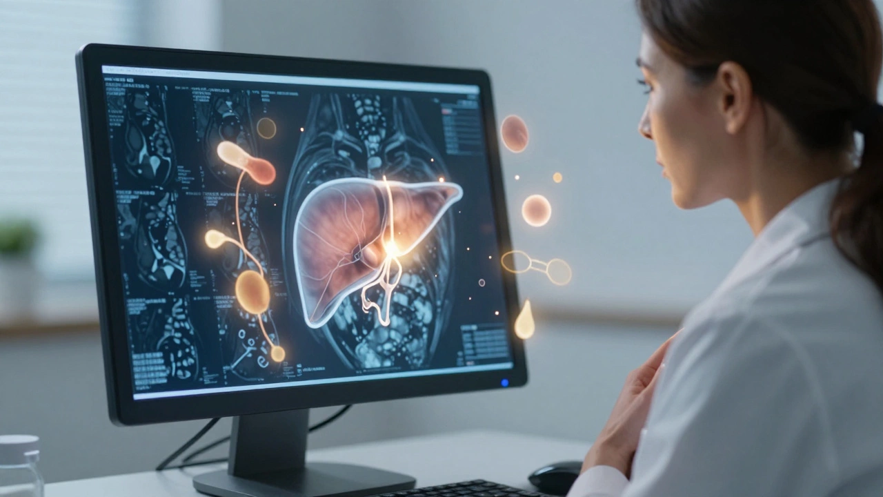 Женщина смотрит на МРТ-изображение, над её печенью — прозрачная модель фибромы