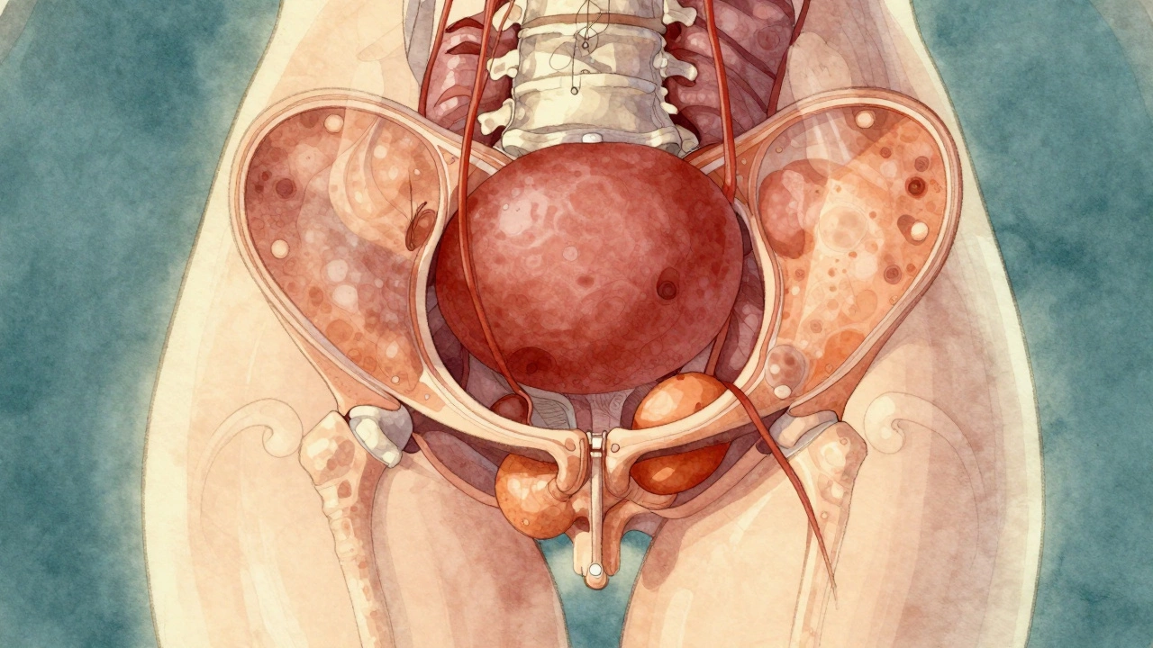 Анатомический разрез таза с кистой, давящей на мочевой пузырь, прямую кишку и поясницу.