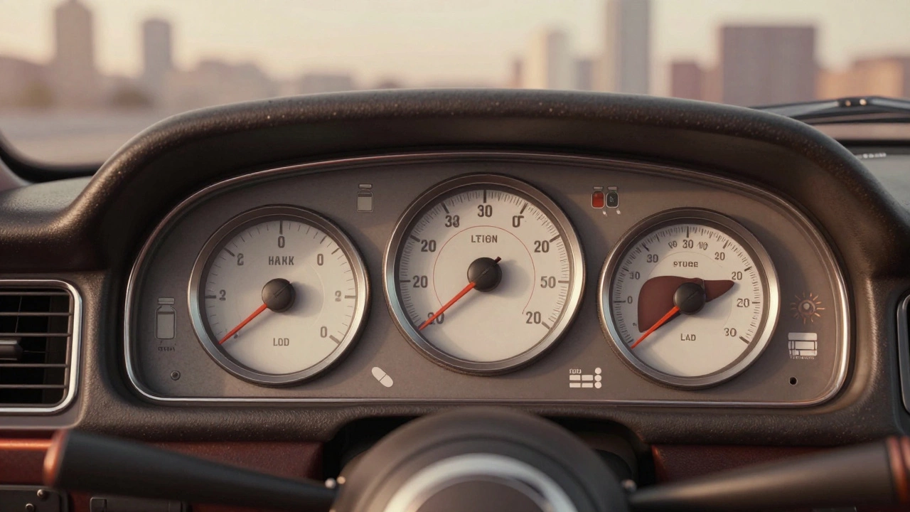 Человеческое тело как винтажная автомобильная панель с приборами, отображающими здоровье органов.