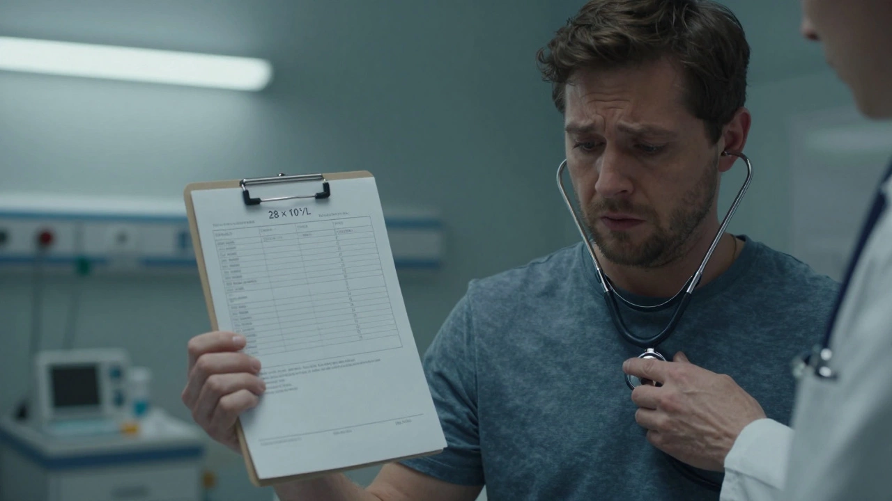 Человек смотрит на анализ крови с высоким уровнем лейкоцитов, врач рядом.