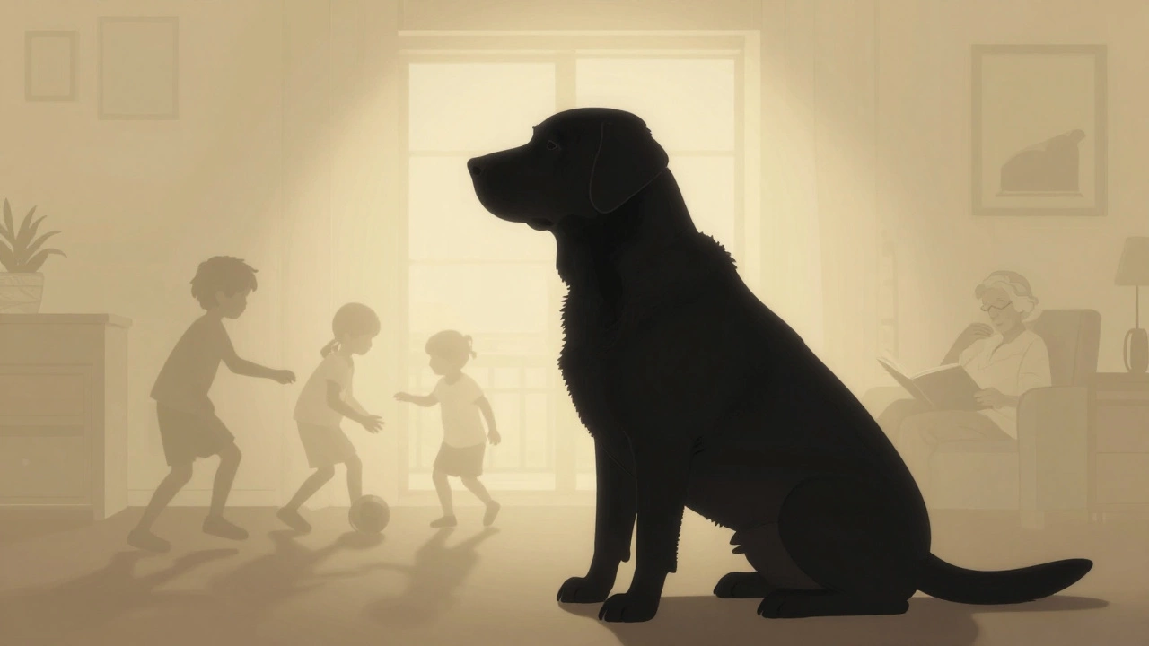 Чёрный лабрадор как тень, присутствующий в тёплой семейной сцене.