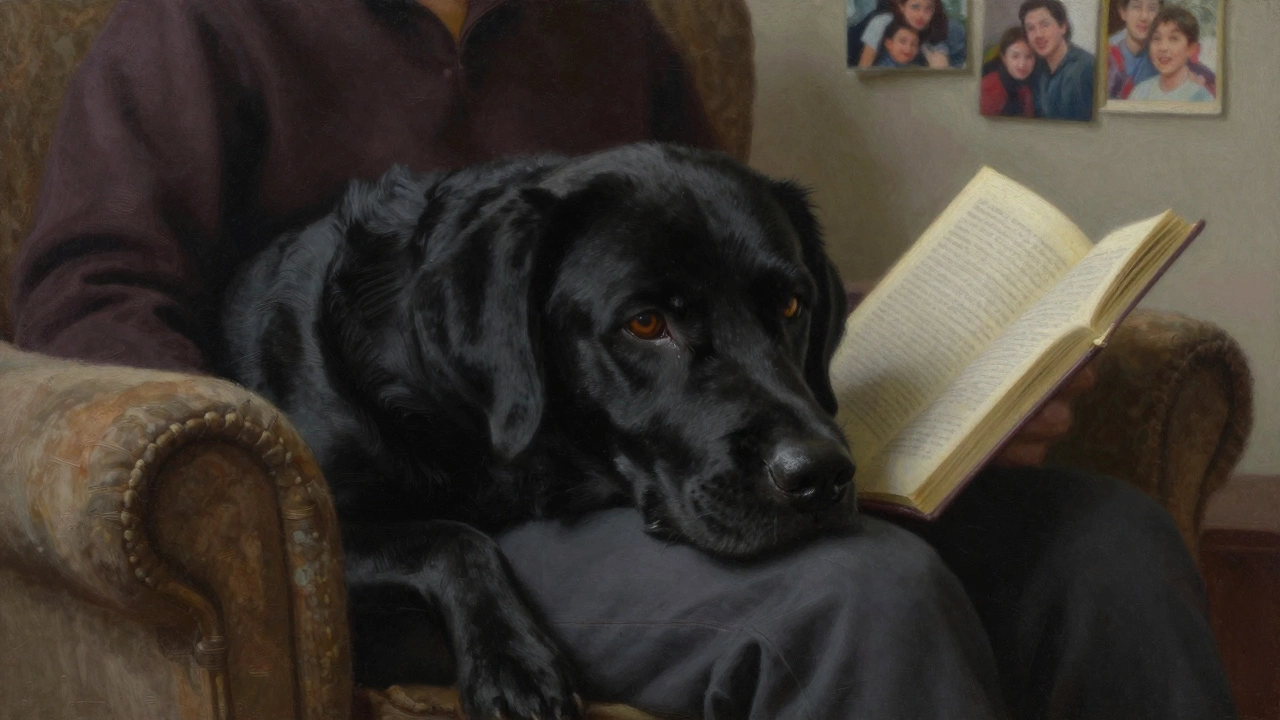 Чёрный лабрадор положил морду на колени человека, сидящего в кресле.