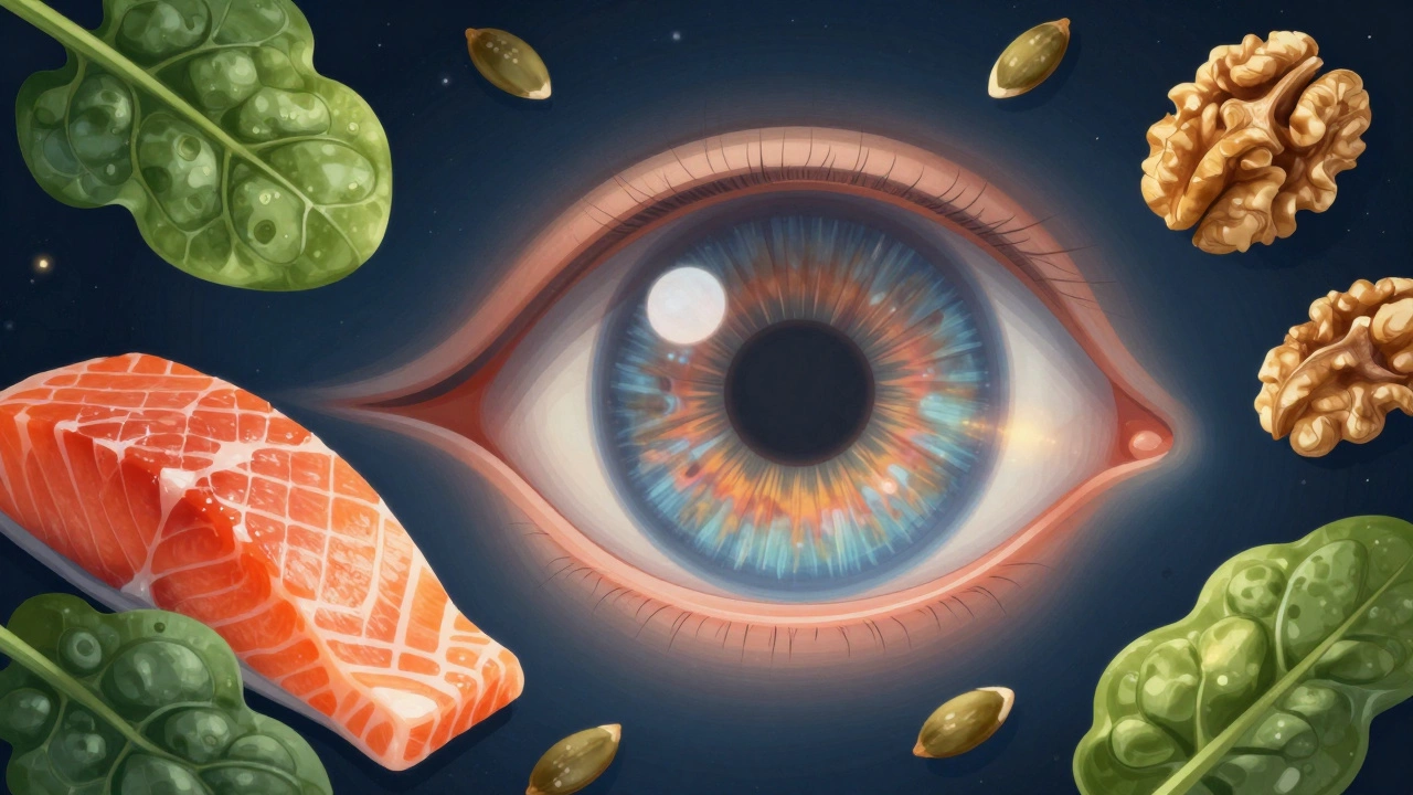 Художественное изображение глаза с питающими его питательными веществами: шпинатом, лососем и орехами.