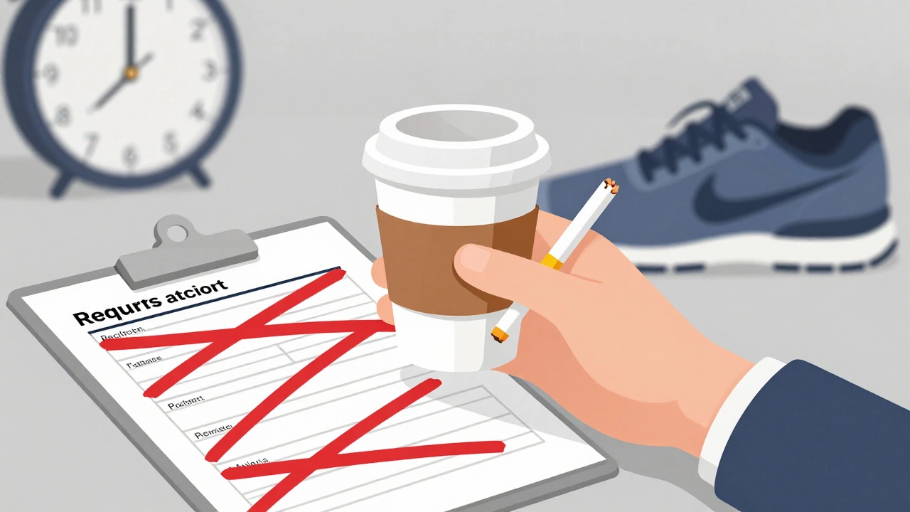 Кофе, сигарета и кроссовки с красными запрещающими линиями — что нельзя делать перед анализом.