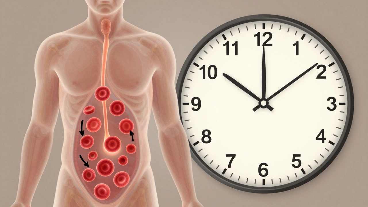 Прозрачное тело с костным мозгом, производящим эритроциты, и часами, показывающими недельные циклы восстановления.