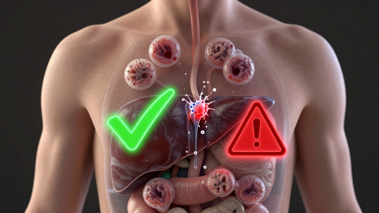 Прозрачный силуэт тела с кистами в органах, одна из них разрывается.