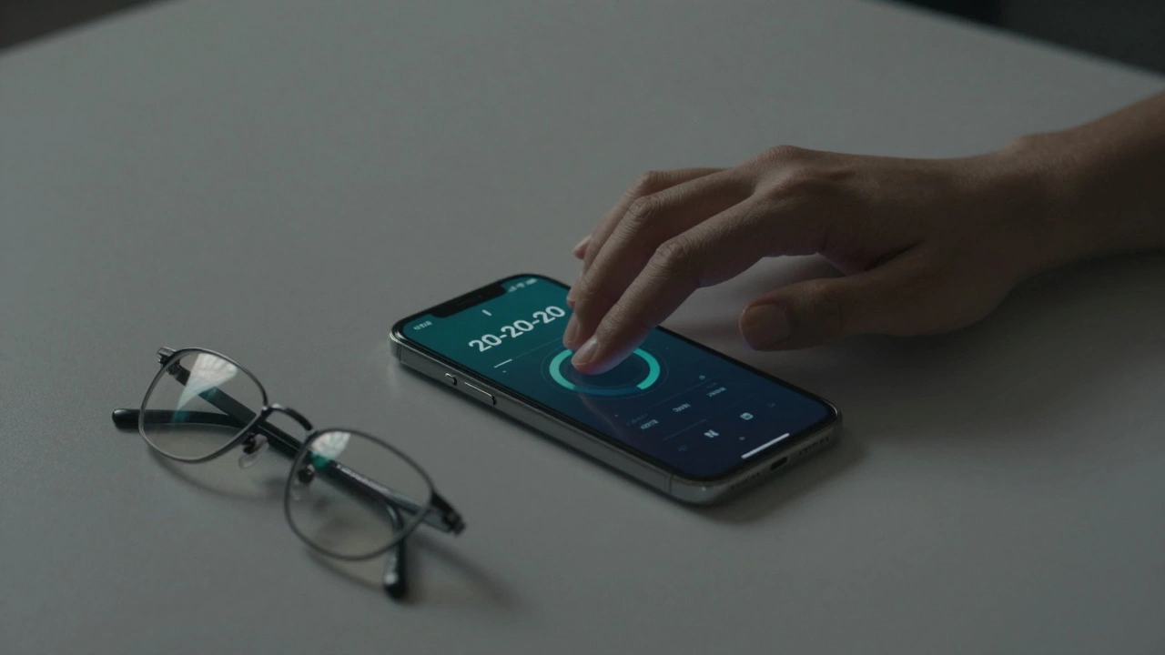 Рука массирует область вокруг закрытых глаз, на столе — телефон с напоминанием и очки для чтения.