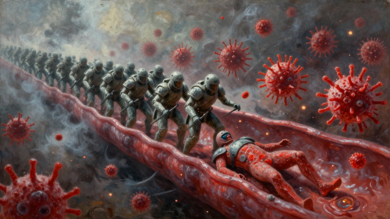 Сцена битвы внутри сосуда: лейкоциты сражаются с бактериями, один из них падает.