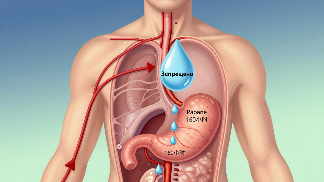 Схема тела с восстановлением плазмы: вода задерживается в желудке, пока не начнёт поступать в сосуды.