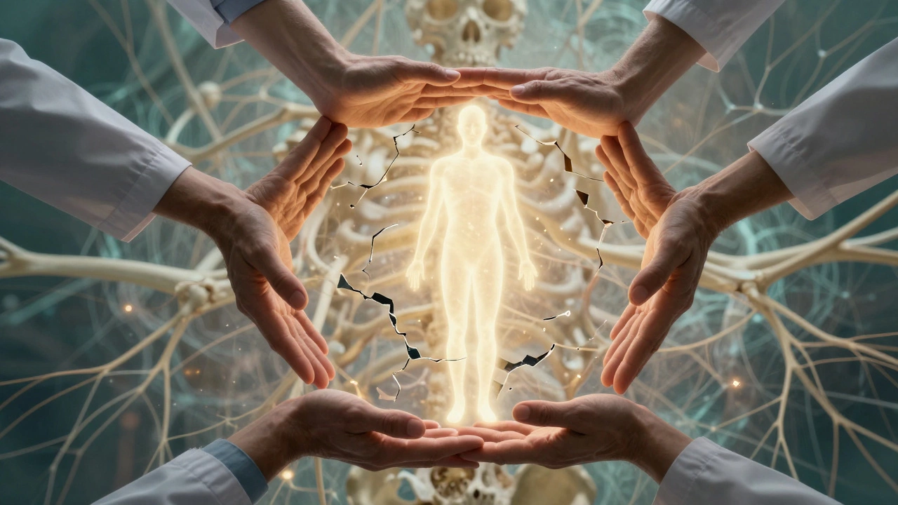 Символическое изображение команды специалистов, поддерживающих восстановление человека.