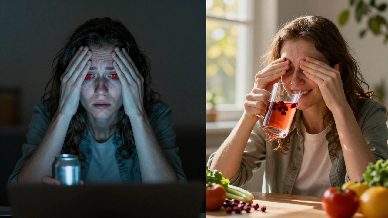 Сравнение: слева — уставший человек с газировкой, справа — тот же человек с полезными напитками и упражнениями для глаз.