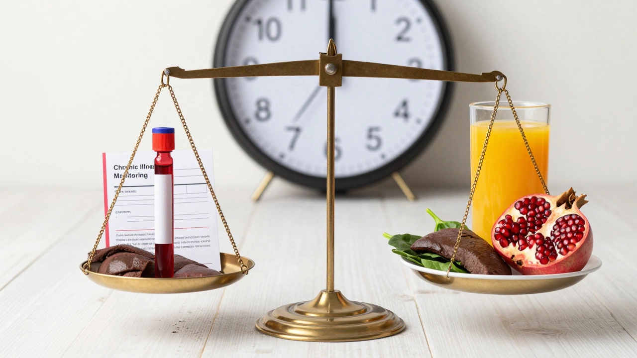 Весы: одна чаша — пробирка с кровью, другая — продукты с железом и апельсиновый сок, на фоне часов 7:00.