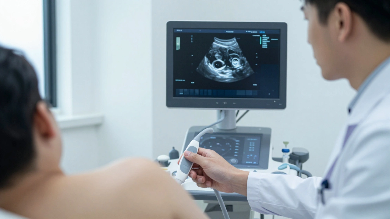 Врач проводит УЗИ почки, на экране видна киста с неровными стенками.