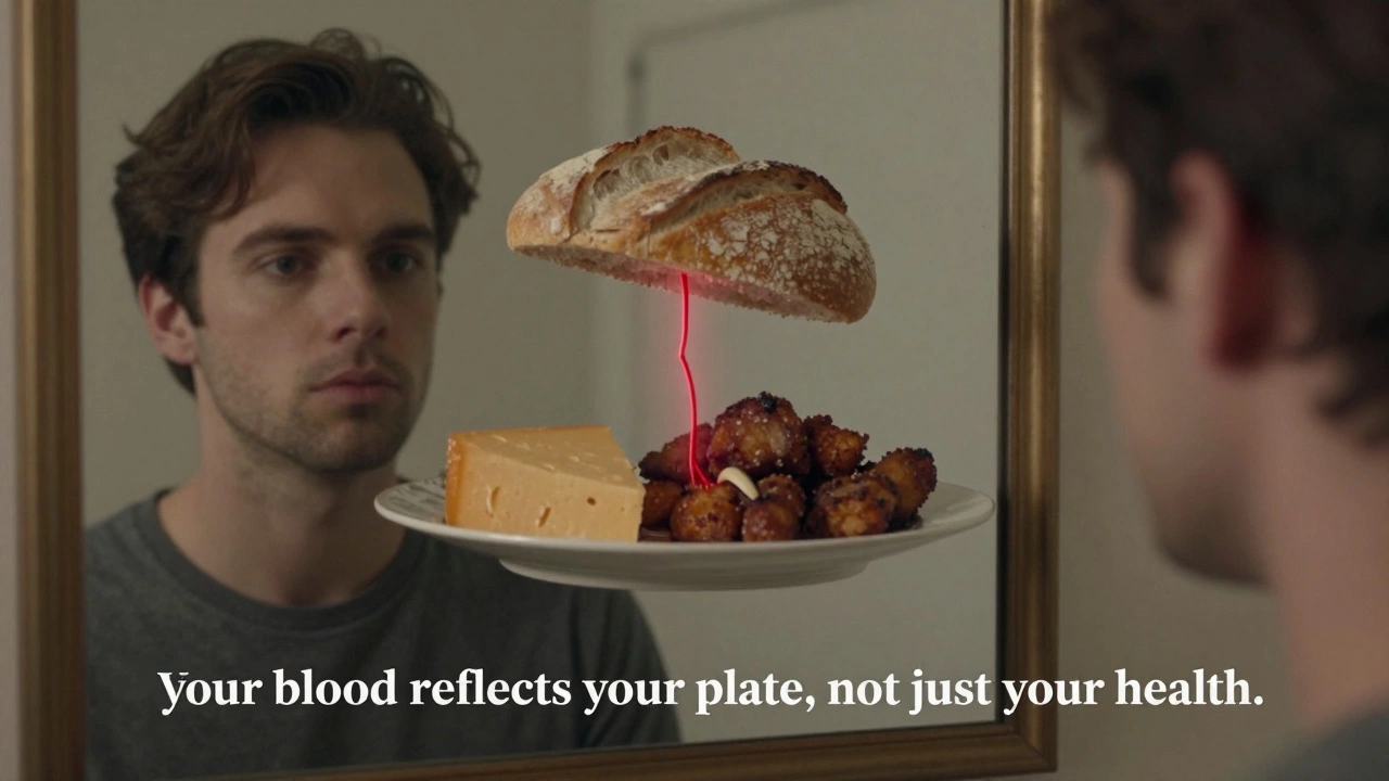 Зеркало отражает еду вместо лица, символизируя, как пища искажает результаты анализа.