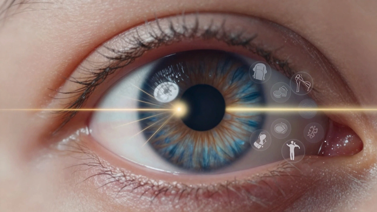 Анатомия глаза с лучами света, показывающими коррекцию лазером против бесполезных методов.