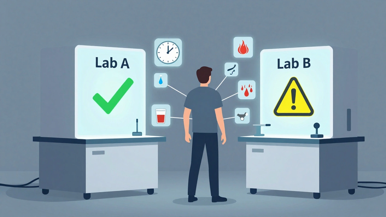 Человек между двумя лабораториями, символизирующими разные методы анализа и влияние факторов на результат.