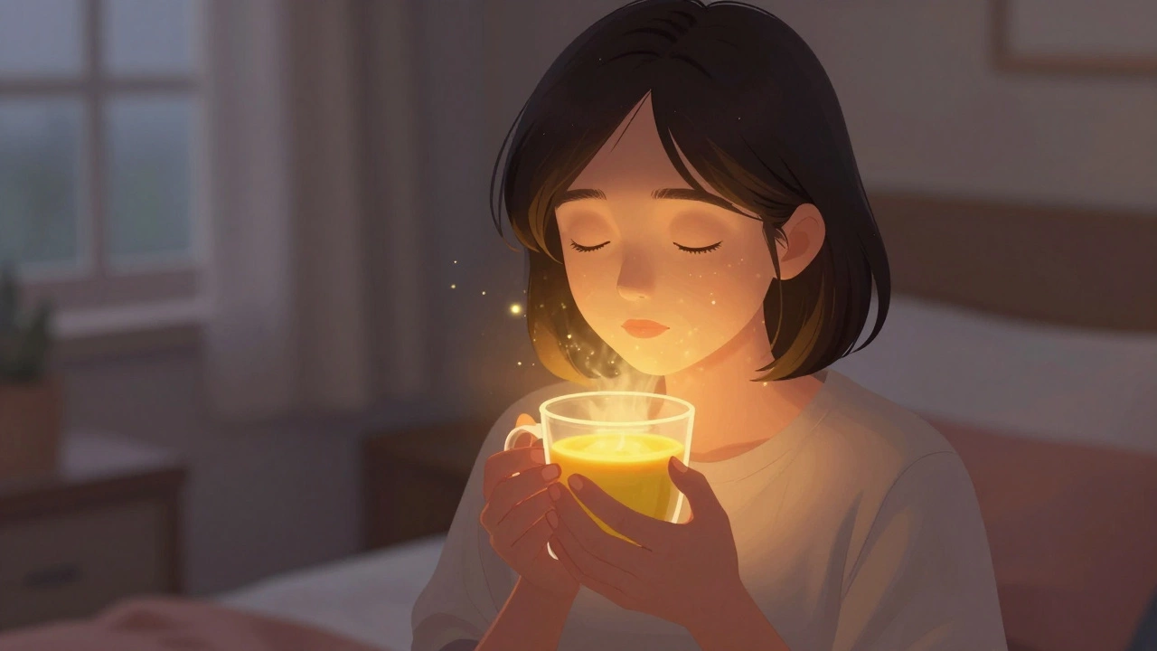 Человек пьёт тёплое молоко с куркумой на закате, свет мягко озаряет лицо.
