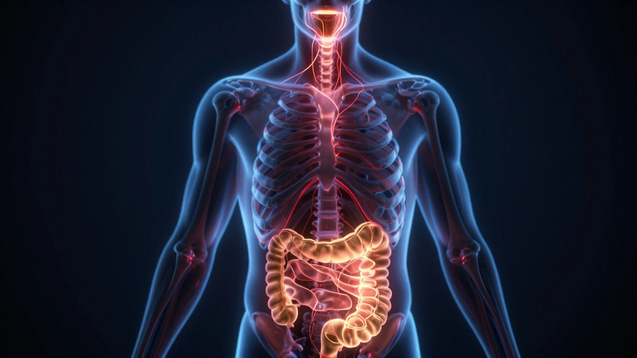 Контур человеческого тела с подсвеченными зонами быстрого восстановления — ротовая полость и кишечник.