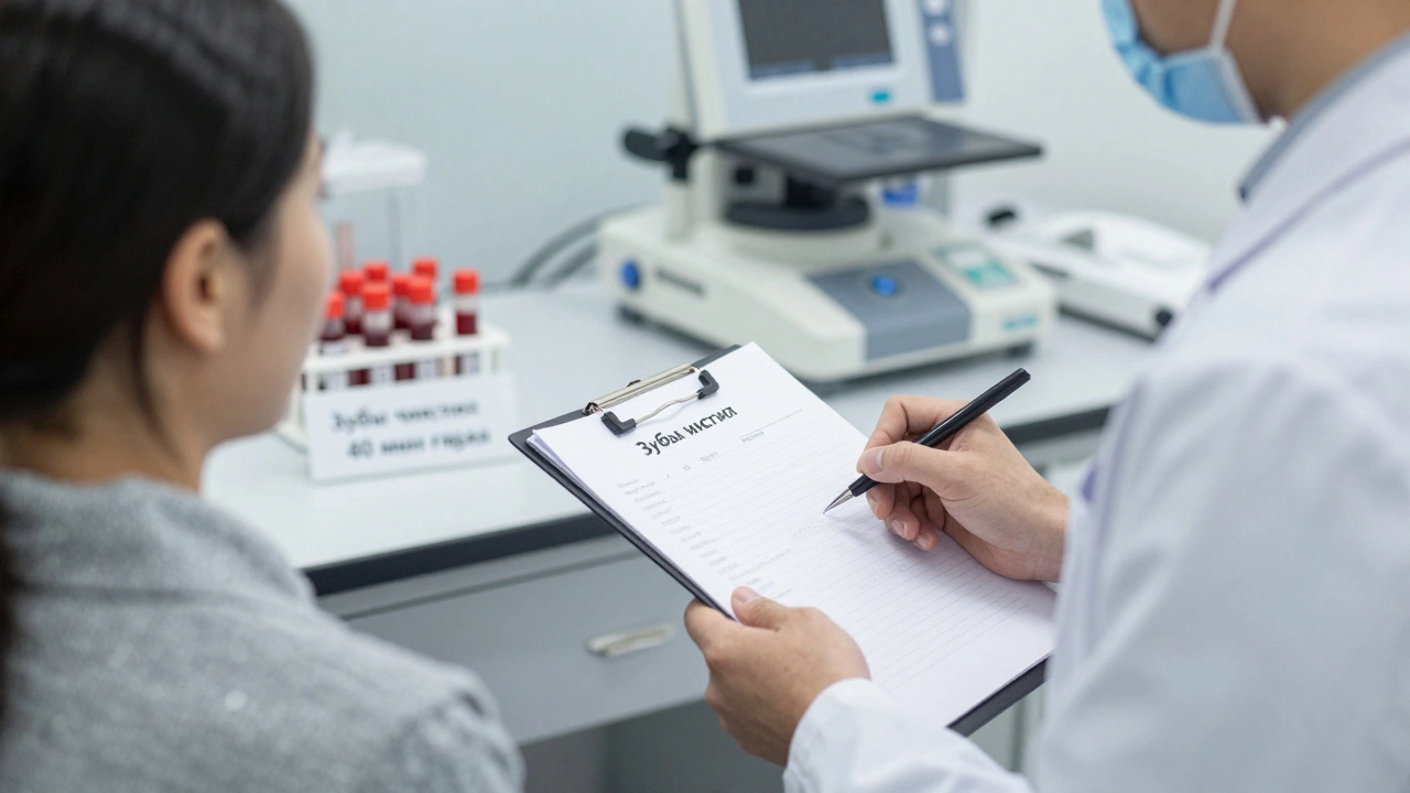 Медсестра записывает информацию о чистке зубов перед сдачей анализа, пациент спокоен.