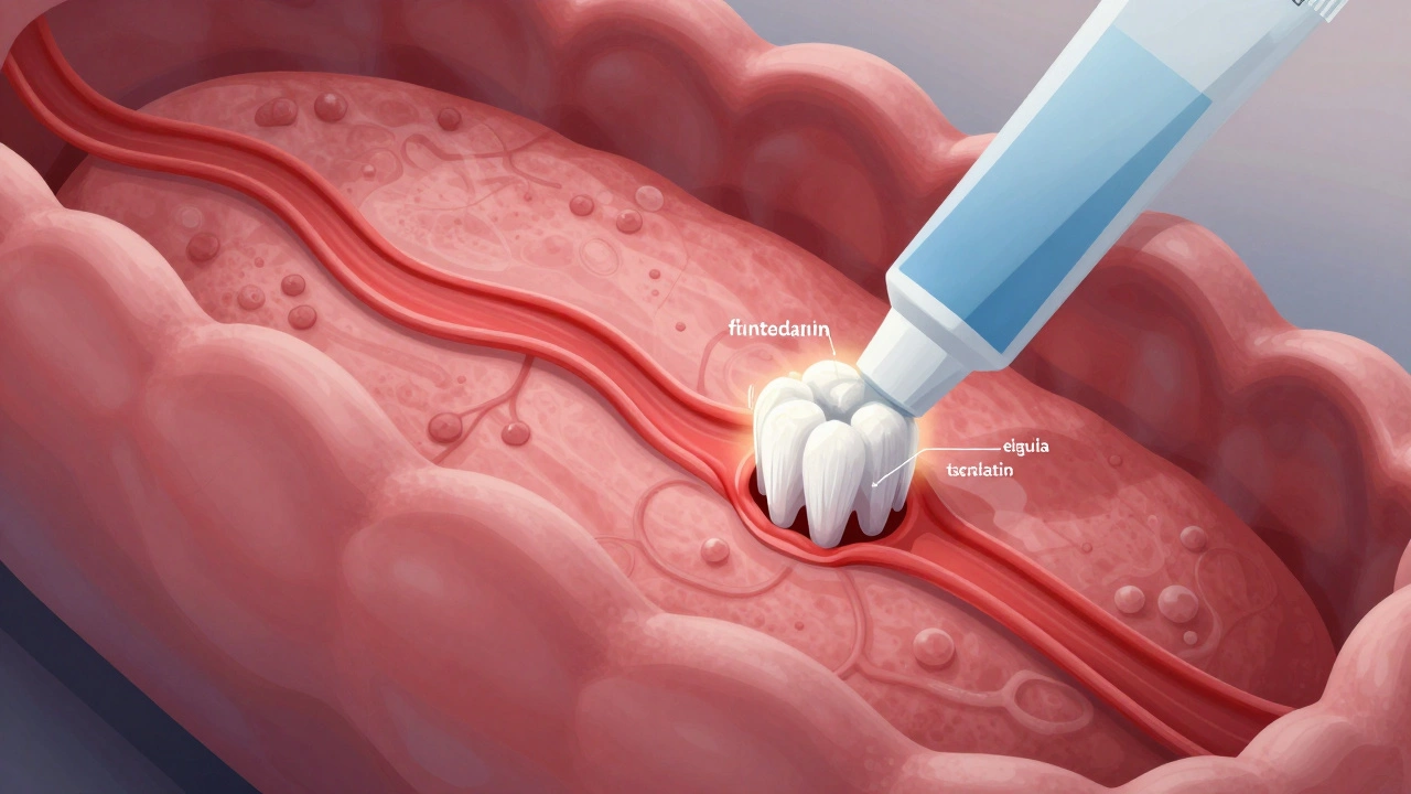 Микроскопическое изображение компонентов зубной пасты, всасывающихся через десны в кровь.