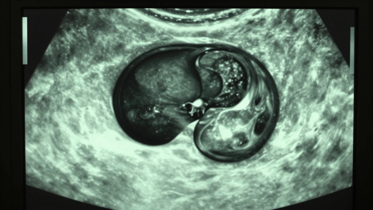 Простая киста яичника на УЗИ: чёрный овал с четкими краями.