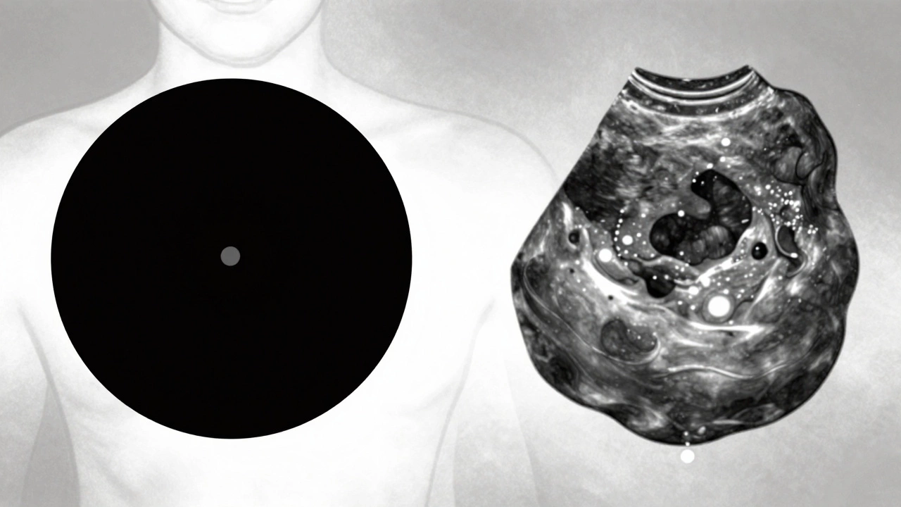 Простая киста (чёрный круг) и опухоль (серая масса с кровотоком) на УЗИ.