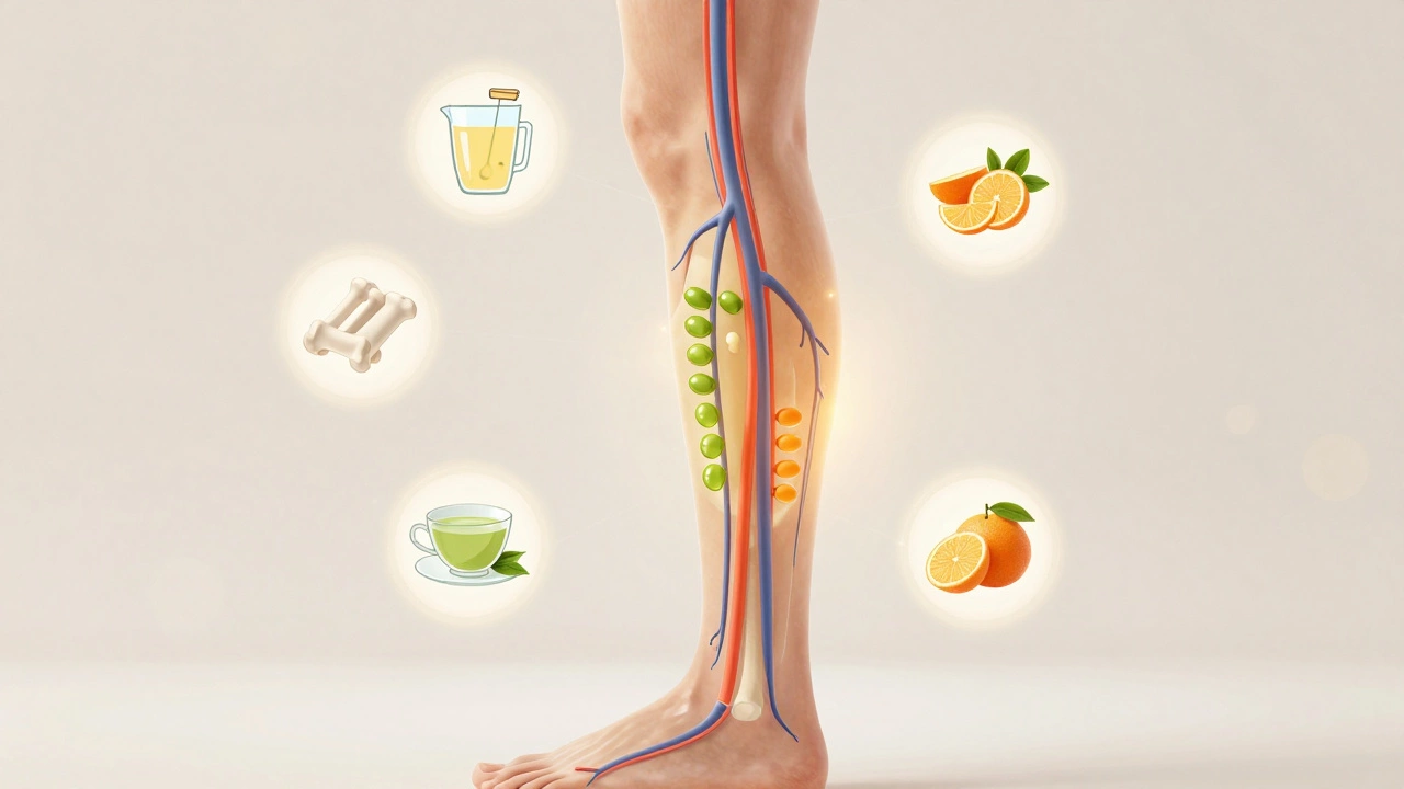 Прозрачное изображение связок ноги, питающихся потоками жидкостей: воды, коллагена и витаминов, с элементами напитков в виде символов.