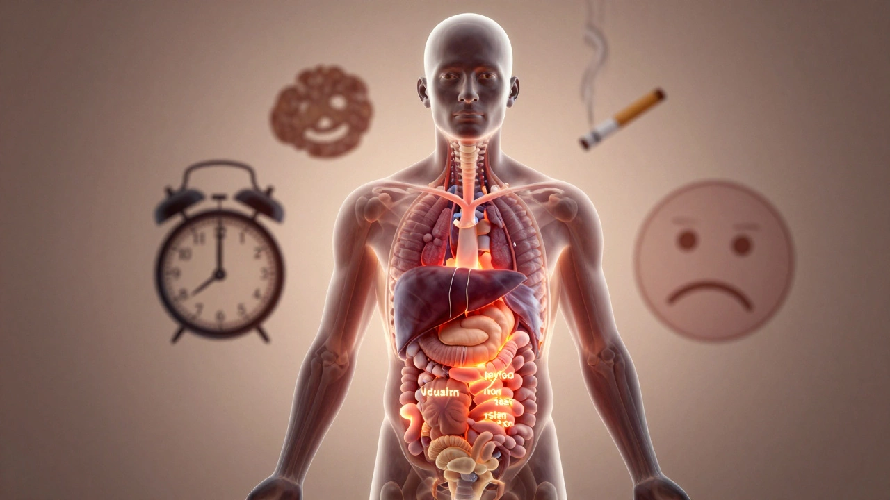 Прозрачный силуэт человека с glowing здоровыми внутренними показателями и туманными символами ошибок подготовки к анализу.