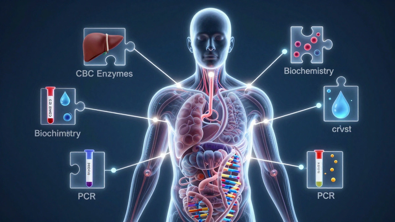 Прозрачный силуэт человека с внутренними органами, соединенными светящимися линиями с пробирками, обозначающими ключевые лабораторные анализы.