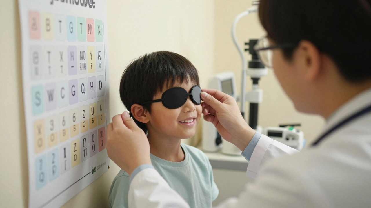 Ребёнок с повязкой на глазу проходит осмотр у офтальмолога в клинике.