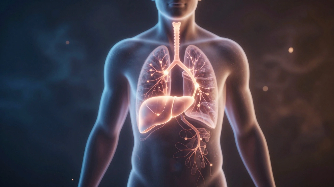 Системное поражение органов при саркоидозе: печень, легкие, лимфоузлы и кожа связаны световыми узлами.