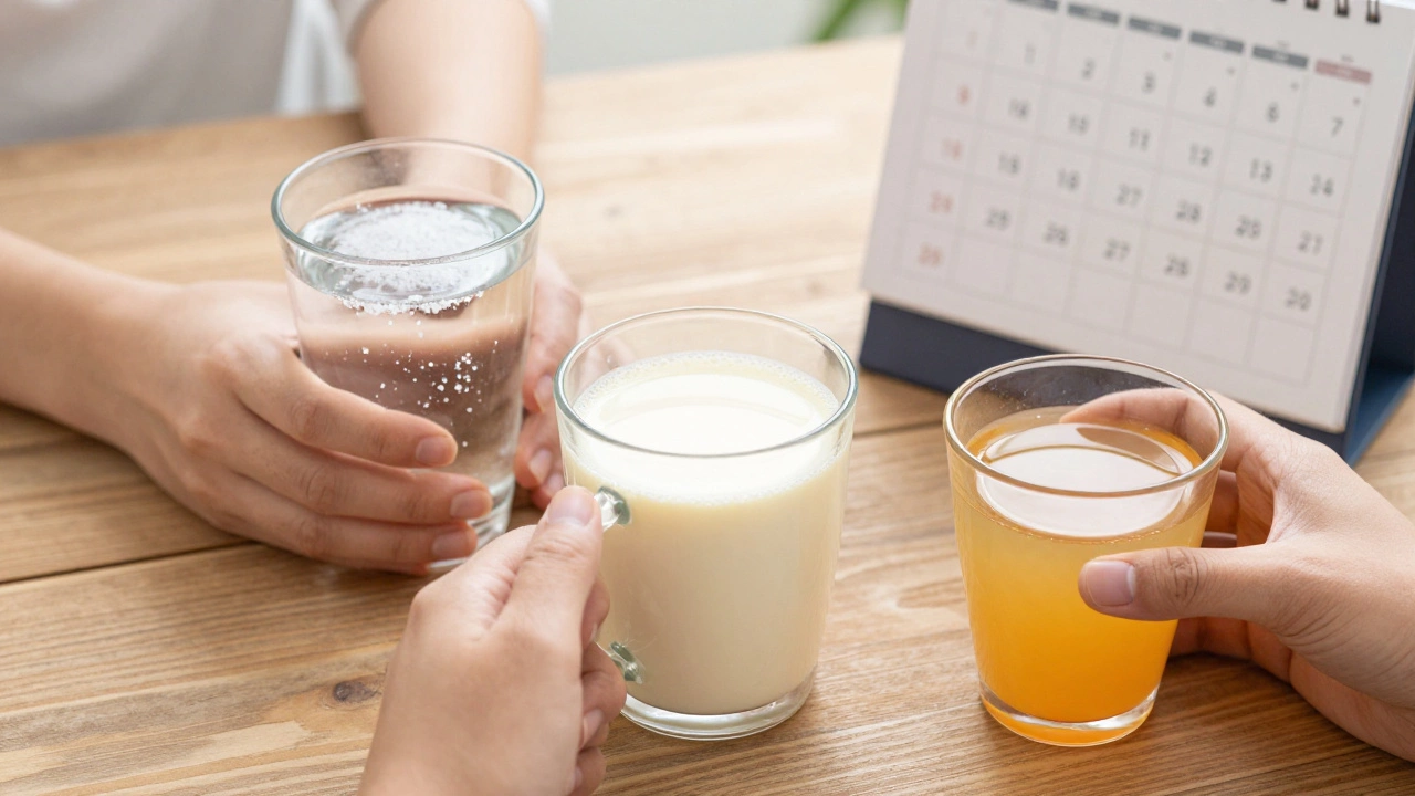 Три напитка для восстановления связок: минеральная вода с солью, тёплое молоко с куркумой и желатиновый раствор, на фоне календаря.