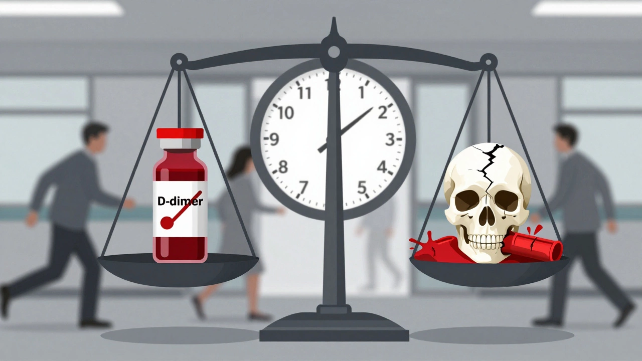 Весы, сравнивающие кровяные маркеры инсульта и повреждение мозга, с часами, символизирующими срочность.