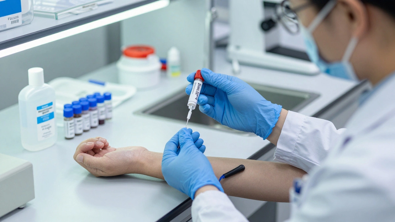 Врач берет кровь из вены в лаборатории для точного анализа уровня глюкозы.