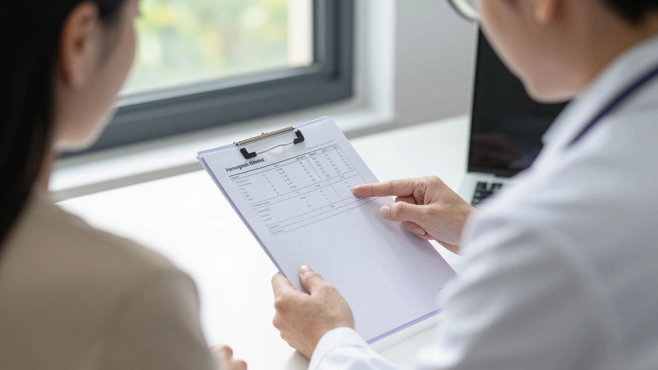 Врач и пациент разбирают результаты анализов на бумаге за консультационным столом при естественном свете.