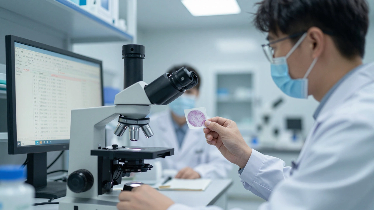 Врач изучает биоптат печени под микроскопом в лаборатории с анализами крови.