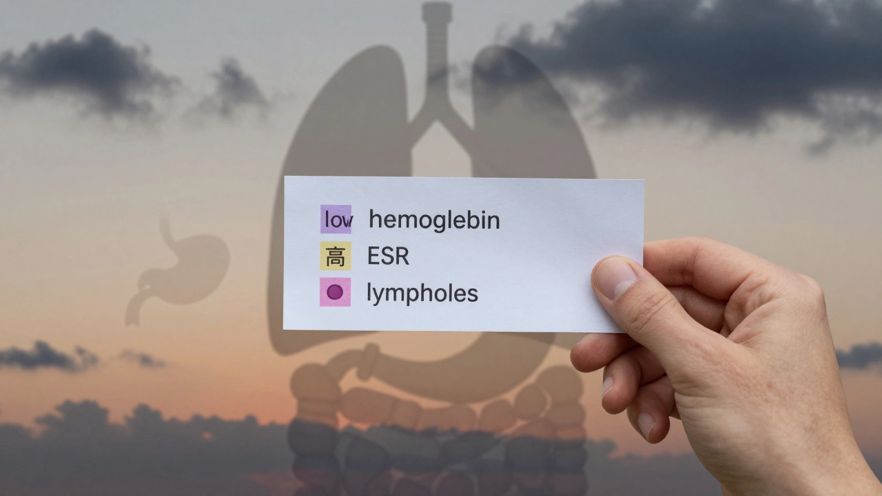Анализ крови с отклонениями и силуэты органов, символизирующие скрытую онкологию.