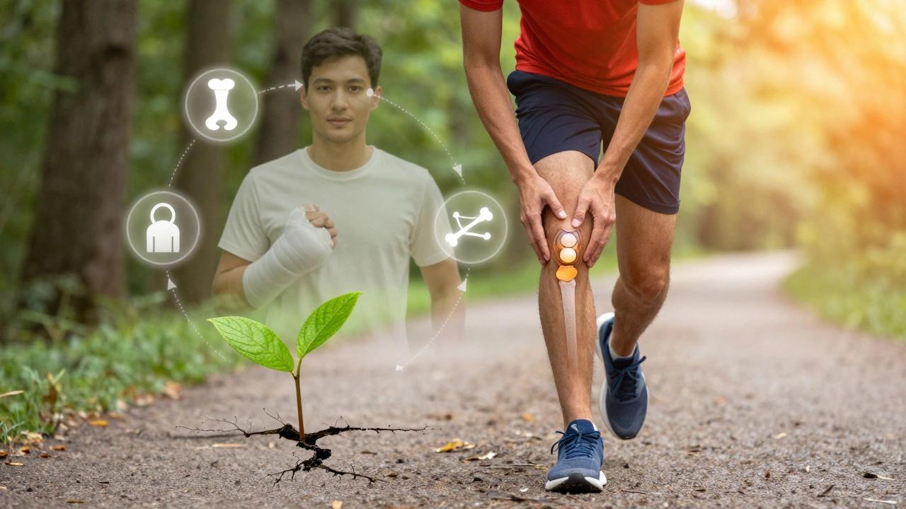 Человек бежит по тропе, касаясь колена — символ полного восстановления после травмы.