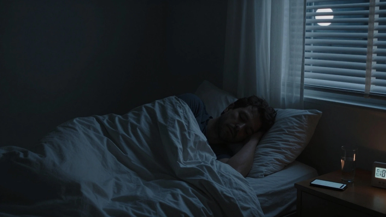 Человек спит в тёмной прохладной комнате, смартфон убран, окно слегка открыто, температура 18°C.
