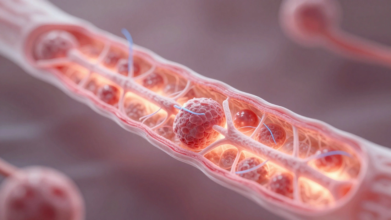 Фибробласты строят коллагеновые волокна в повреждённом сухожилии, розовая грануляционная ткань светится.