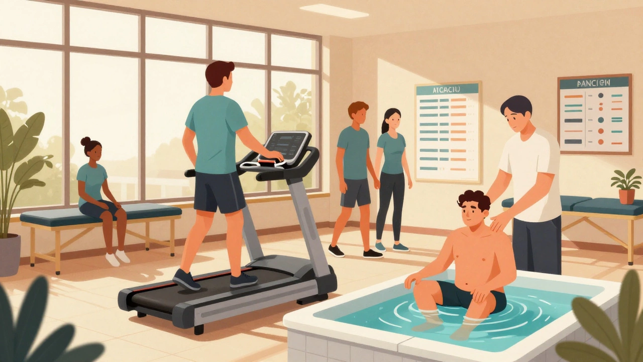 Физиотерапевт помогает пациентам в восстановительном центре после травмы.