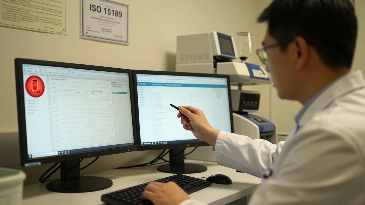 Лаборант анализирует результаты на экране, замечая критически низкий уровень натрия у пациента.