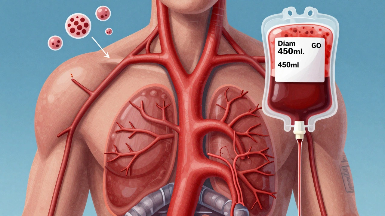 Медицинская иллюстрация сосудов под высоким давлением и процесса забора крови с маркерами стресса в крови.