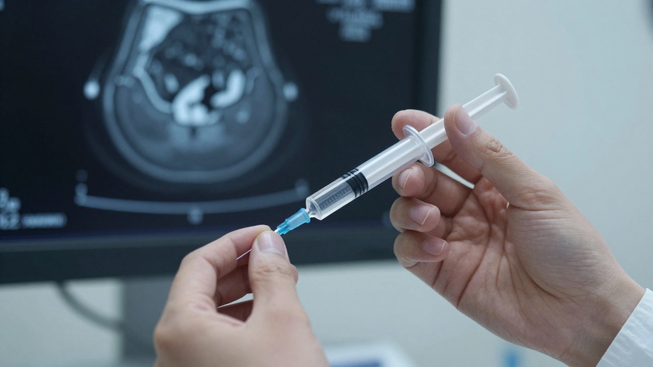 Медсестра проводит пункцию кисты под контролем УЗИ, в фоне — сканы КТ и МРТ.