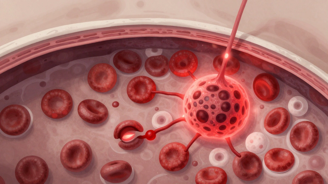 Пересечение костного мозга с опухолевым поражением и угнетением кроветворения.