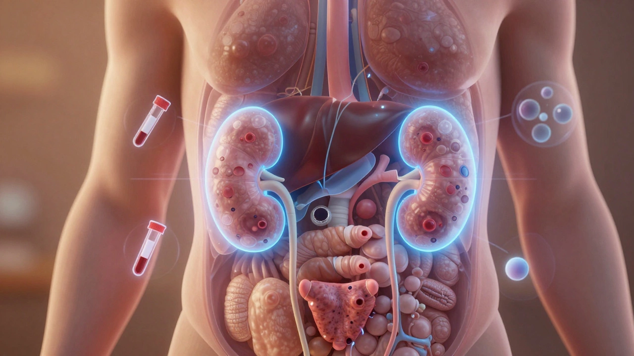 Прозрачное изображение тела с кистами в органах и символами анализов вокруг.