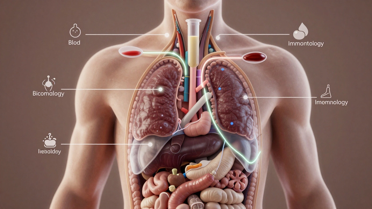 Прозрачный силуэт человека с внутренними органами, соединёнными с пробирками различных лабораторных анализов.