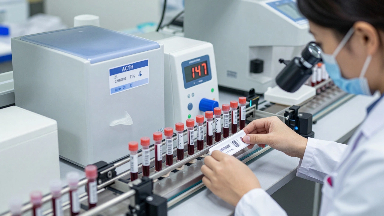 В лаборатории автоматизированная система транспортирует пробирки с кровью, техник проверяет их состояние.