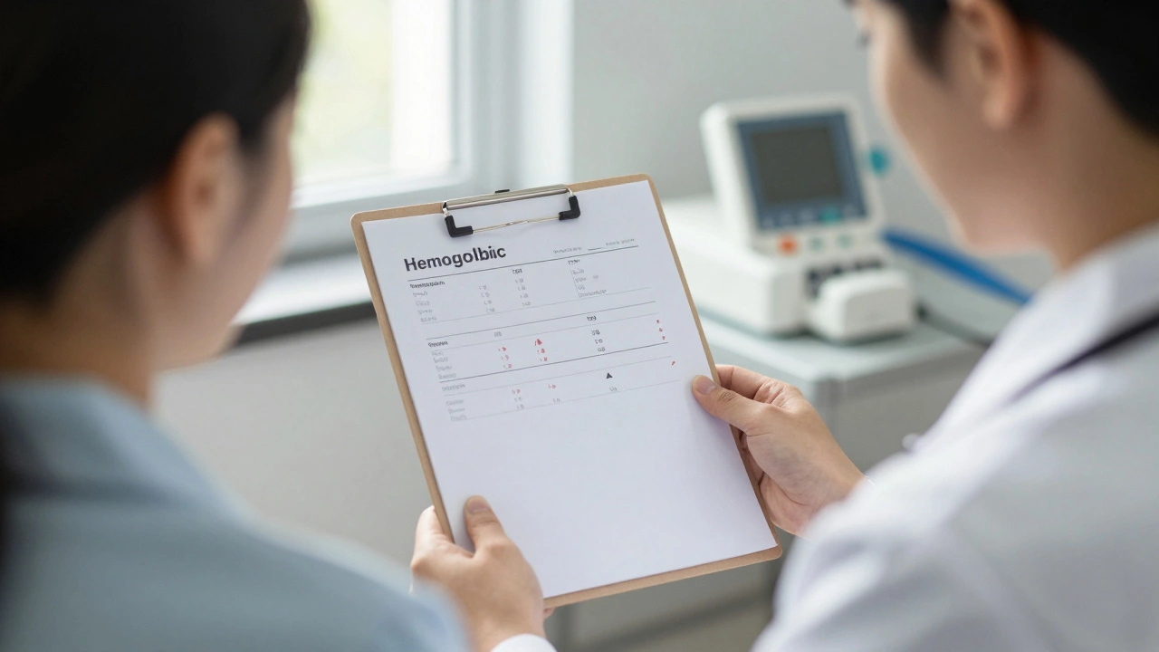 Врач показывает пациенту результаты лабораторных анализов на бумаге с показателями гемоглобина, глюкозы и ТТГ.